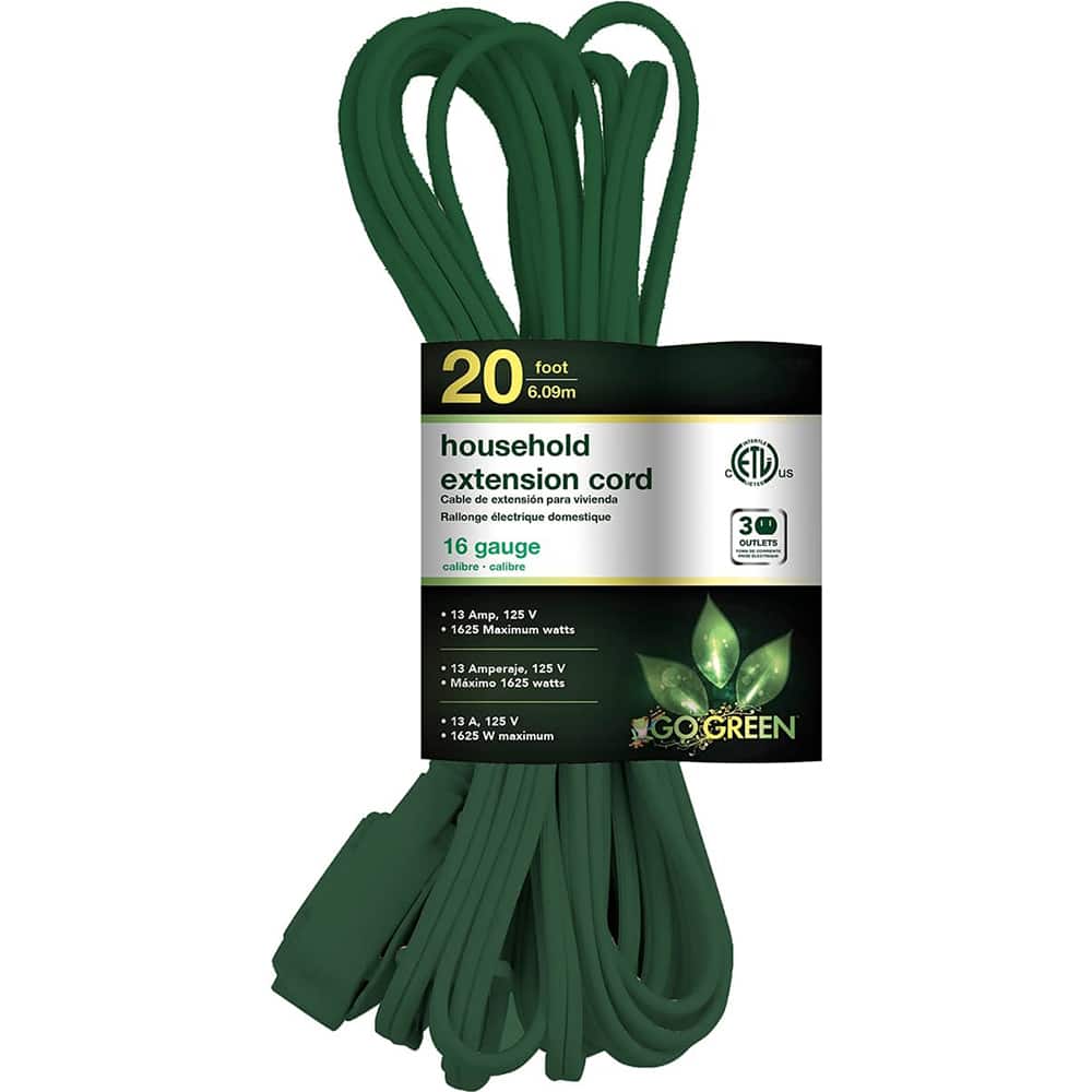 GoGreen Power - Power Cords; Cord Type: Extension Cord ; Overall Length (Feet): 20 ; Cord Color: Green ; Amperage: 13 ; Voltage: 125 ; Wire Gauge/Number of Conductors: 16/2 - Exact Tooling
