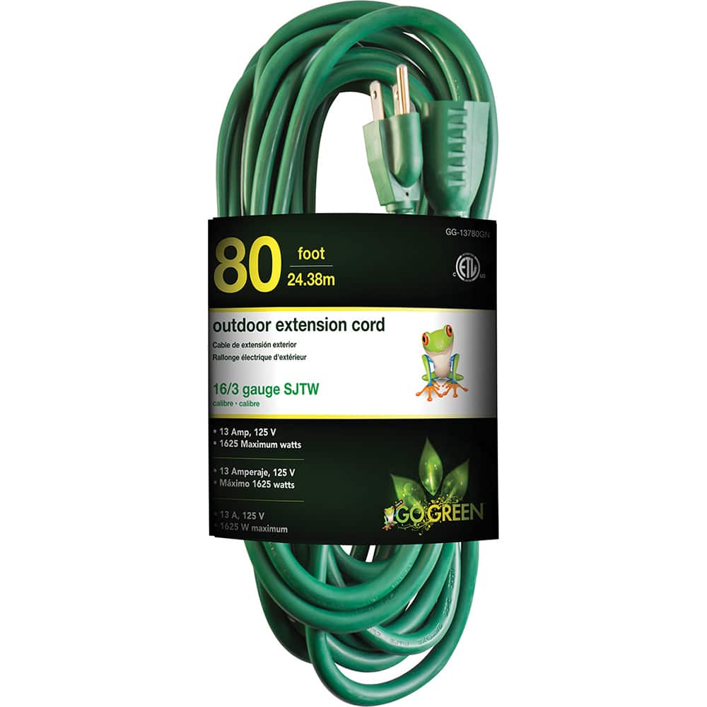 GoGreen Power - Power Cords; Cord Type: Extension Cord ; Overall Length (Feet): 80 ; Cord Color: Green ; Amperage: 13 ; Voltage: 125 ; Wire Gauge/Number of Conductors: 16/3 - Exact Tooling