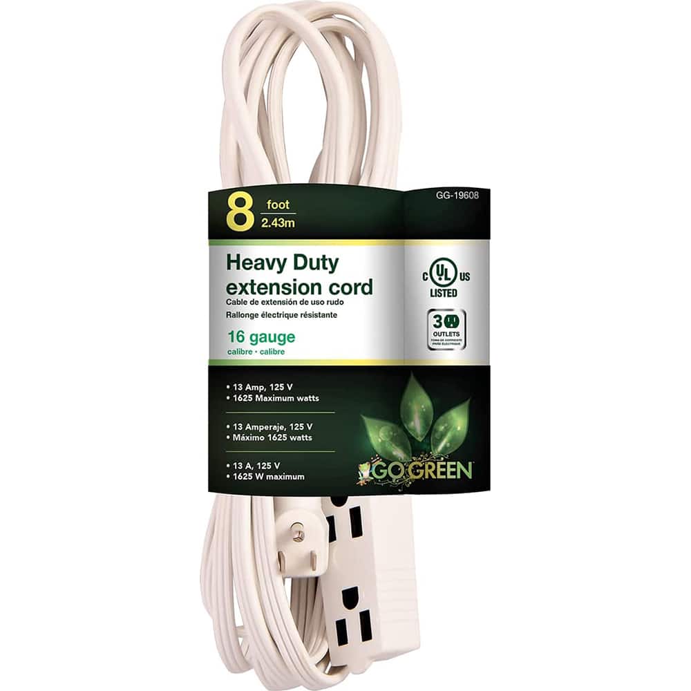 GoGreen Power - Power Cords; Cord Type: Extension Cord ; Overall Length (Feet): 8 ; Cord Color: White ; Amperage: 13 ; Voltage: 125 ; Wire Gauge/Number of Conductors: 16/3 - Exact Tooling