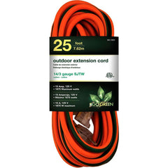GoGreen Power - Power Cords; Cord Type: Extension Cord ; Overall Length (Feet): 25 ; Cord Color: Orange ; Amperage: 15 ; Voltage: 125 ; Wire Gauge/Number of Conductors: 14/3 - Exact Tooling