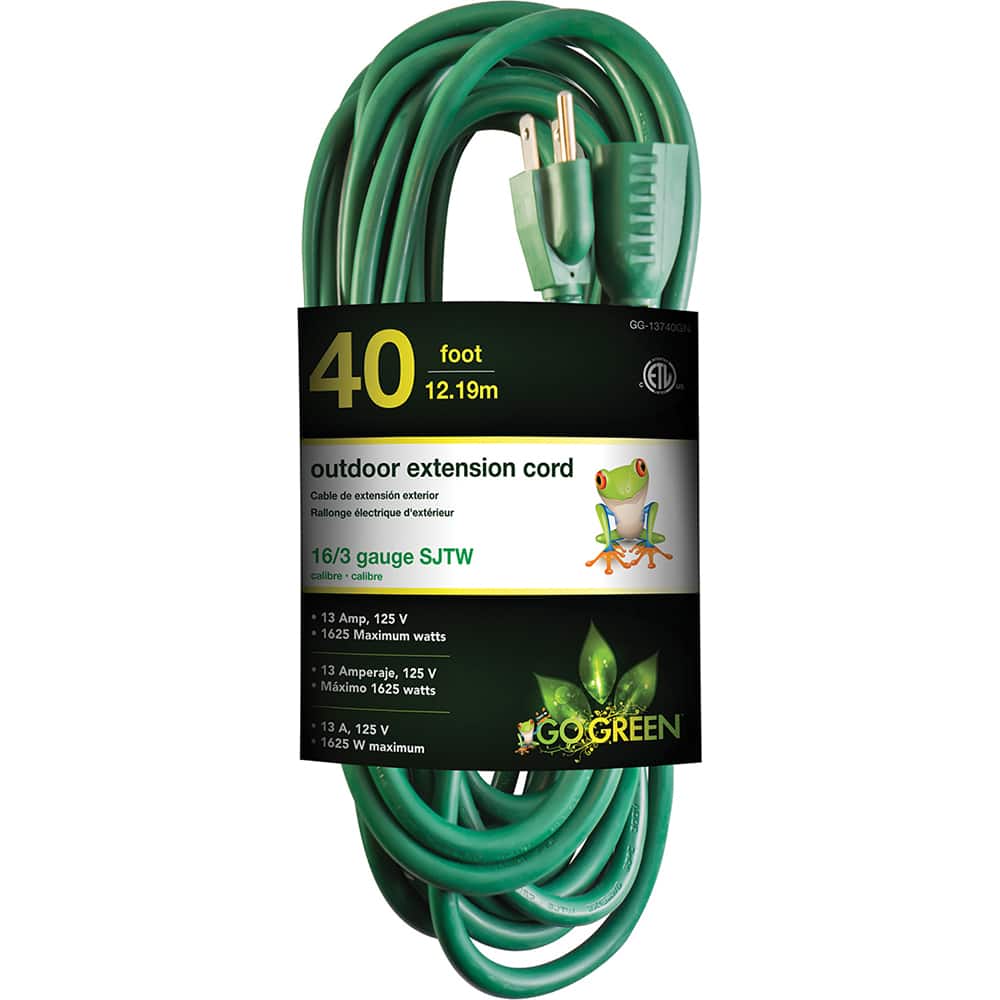 GoGreen Power - Power Cords; Cord Type: Extension Cord ; Overall Length (Feet): 40 ; Cord Color: Green ; Amperage: 15 ; Voltage: 125 ; Wire Gauge/Number of Conductors: 16/3 - Exact Tooling