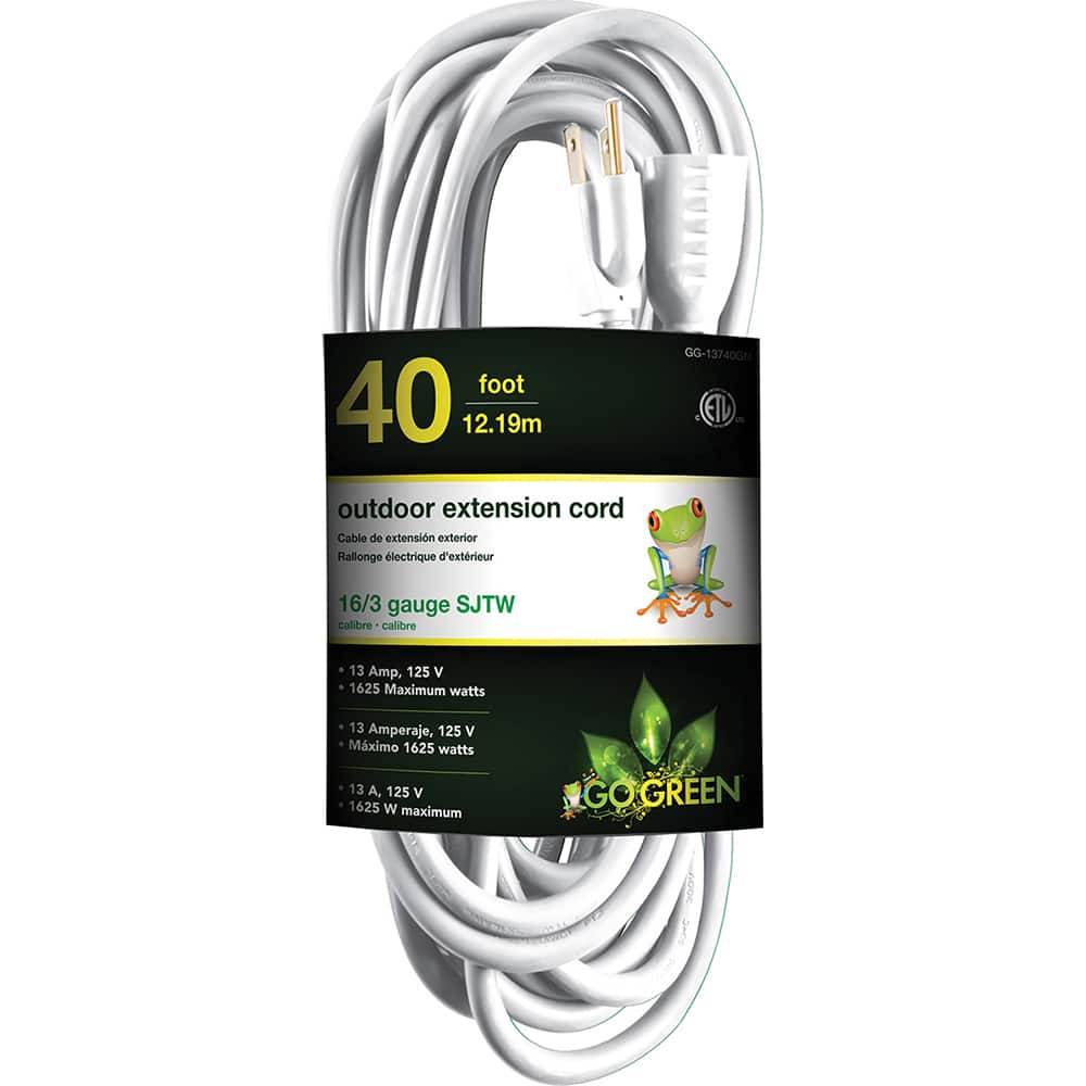 GoGreen Power - Power Cords; Cord Type: Extension Cord ; Overall Length (Feet): 40 ; Cord Color: White ; Amperage: 15 ; Voltage: 125 ; Wire Gauge/Number of Conductors: 16/3 - Exact Tooling