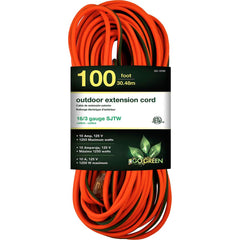 GoGreen Power - Power Cords; Cord Type: Extension Cord ; Overall Length (Feet): 100 ; Cord Color: Orange ; Amperage: 10 ; Voltage: 125 ; Wire Gauge/Number of Conductors: 16/3 - Exact Tooling
