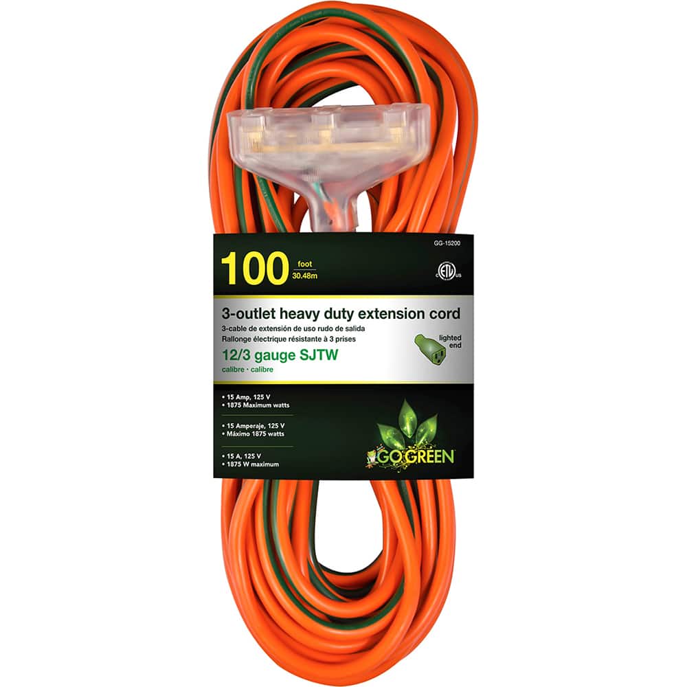 GoGreen Power - Power Cords; Cord Type: Extension Cord ; Overall Length (Feet): 100 ; Cord Color: Orange ; Amperage: 15 ; Voltage: 125 ; Wire Gauge/Number of Conductors: 12/3 - Exact Tooling