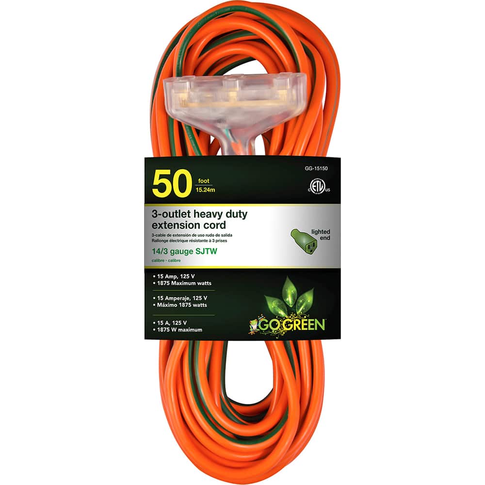 GoGreen Power - Power Cords; Cord Type: Extension Cord ; Overall Length (Feet): 50 ; Cord Color: Orange ; Amperage: 15 ; Voltage: 125 ; Wire Gauge/Number of Conductors: 14/3 - Exact Tooling