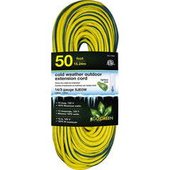GoGreen Power - Power Cords; Cord Type: Extension Cord ; Overall Length (Feet): 50 ; Cord Color: Yellow ; Amperage: 10 ; Voltage: 125 ; Wire Gauge/Number of Conductors: 14/3 - Exact Tooling