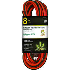 GoGreen Power - Power Cords; Cord Type: Extension Cord ; Overall Length (Feet): 8 ; Cord Color: Orange ; Amperage: 13 ; Voltage: 125 ; Wire Gauge/Number of Conductors: 16/3 - Exact Tooling