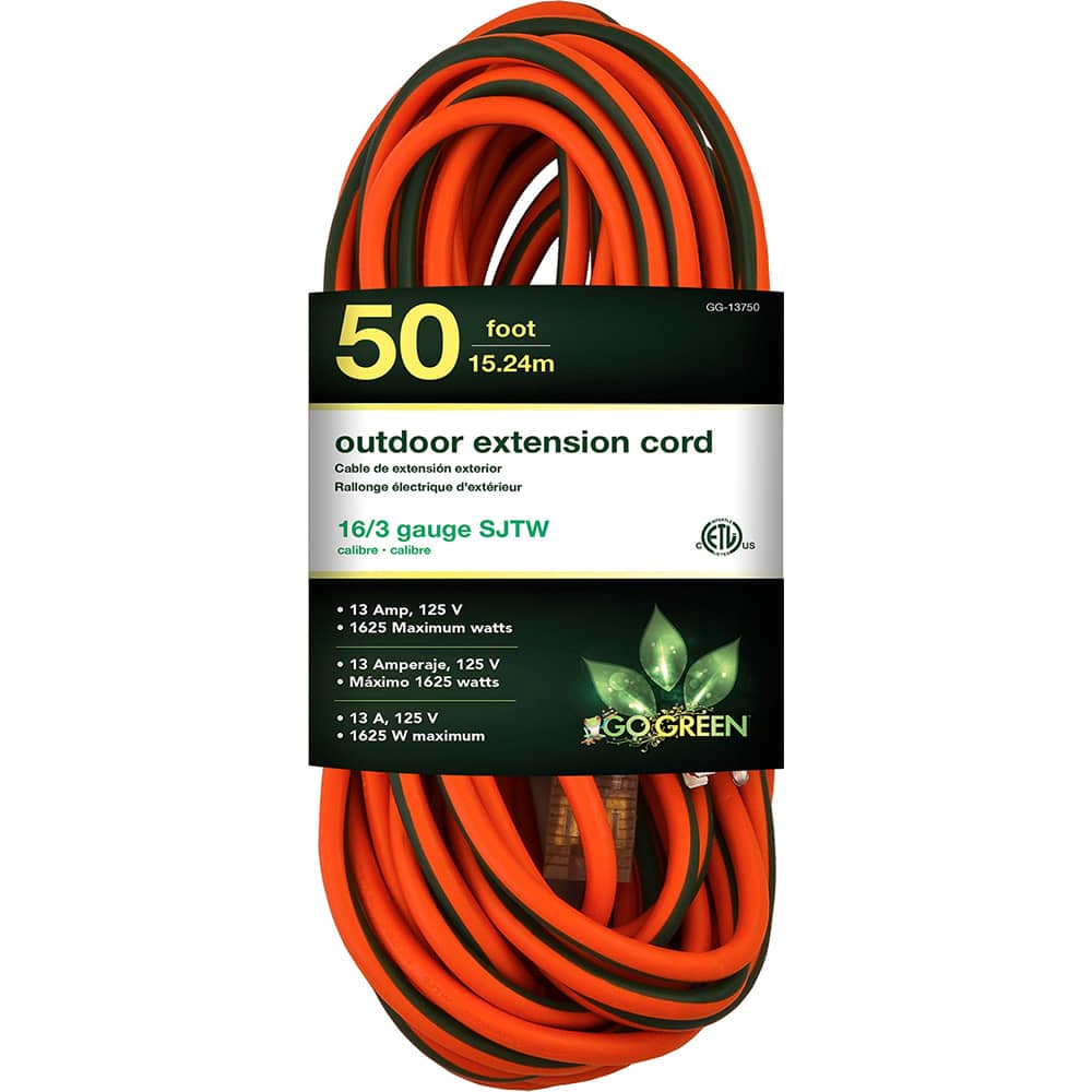 GoGreen Power - Power Cords; Cord Type: Extension Cord ; Overall Length (Feet): 50 ; Cord Color: Orange ; Amperage: 13 ; Voltage: 125 ; Wire Gauge/Number of Conductors: 16/3 - Exact Tooling