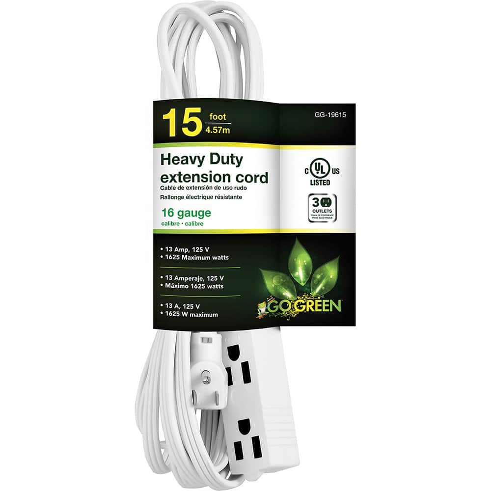 GoGreen Power - Power Cords; Cord Type: Extension Cord ; Overall Length (Feet): 15 ; Cord Color: White ; Amperage: 13 ; Voltage: 125 ; Wire Gauge/Number of Conductors: 16/3 - Exact Tooling