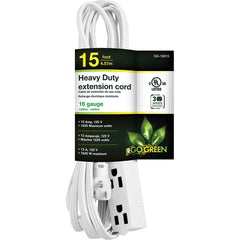 GoGreen Power - Power Cords; Cord Type: Extension Cord ; Overall Length (Feet): 15 ; Cord Color: White ; Amperage: 13 ; Voltage: 125 ; Wire Gauge/Number of Conductors: 16/3 - Exact Tooling