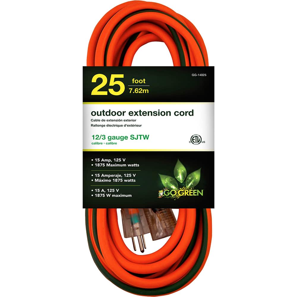 GoGreen Power - Power Cords; Cord Type: Extension Cord ; Overall Length (Feet): 25 ; Cord Color: Black ; Amperage: 15 ; Voltage: 125 ; Wire Gauge/Number of Conductors: 12/3 - Exact Tooling