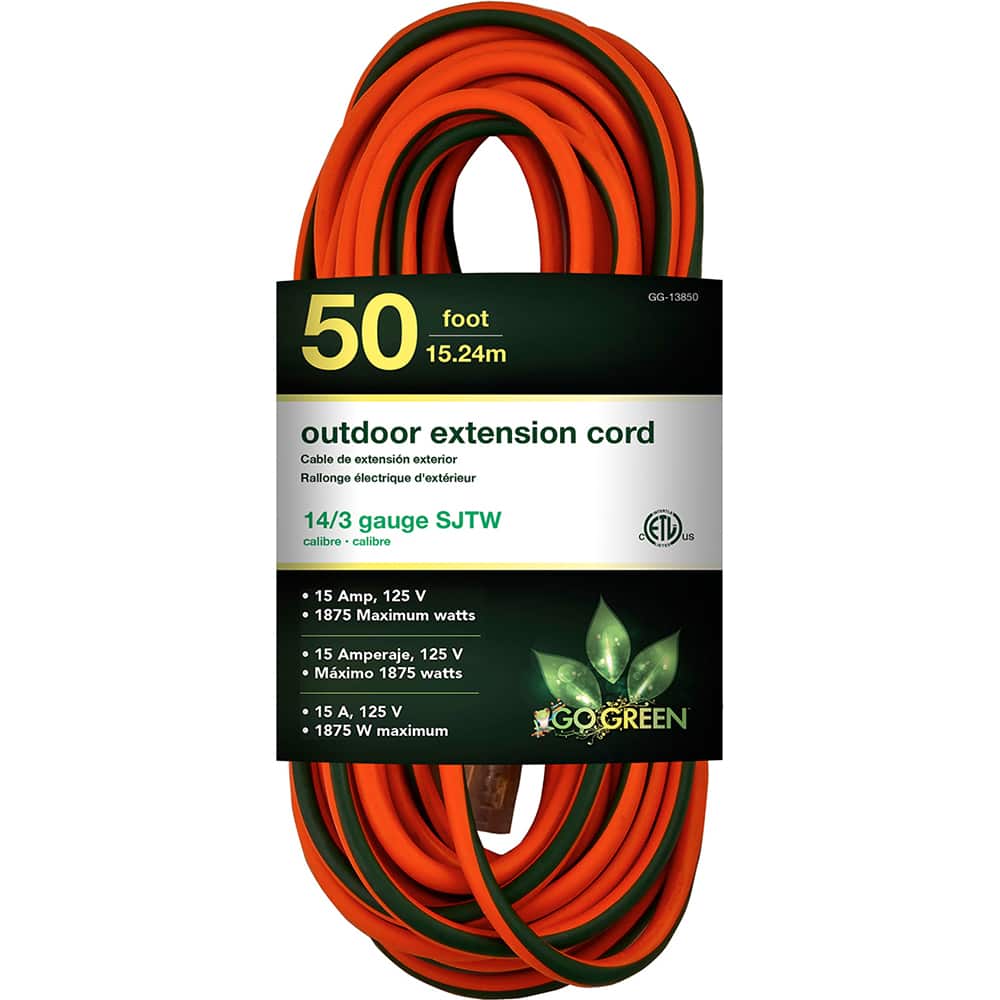 GoGreen Power - Power Cords; Cord Type: Extension Cord ; Overall Length (Feet): 50 ; Cord Color: Orange ; Amperage: 15 ; Voltage: 125 ; Wire Gauge/Number of Conductors: 14/3 - Exact Tooling