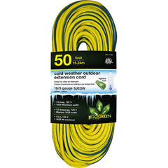 GoGreen Power - Power Cords; Cord Type: Extension Cord ; Overall Length (Feet): 50 ; Cord Color: Yellow ; Amperage: 13 ; Voltage: 125 ; Wire Gauge/Number of Conductors: 16/3 - Exact Tooling
