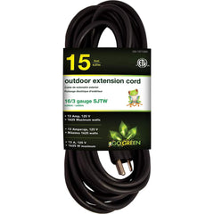 GoGreen Power - Power Cords; Cord Type: Extension Cord ; Overall Length (Feet): 15 ; Cord Color: Black ; Amperage: 13 ; Voltage: 125 ; Wire Gauge/Number of Conductors: 16/3 - Exact Tooling