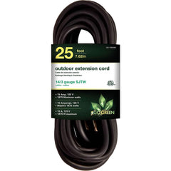 GoGreen Power - Power Cords; Cord Type: Extension Cord ; Overall Length (Feet): 25 ; Cord Color: Black ; Amperage: 15 ; Voltage: 125 ; Wire Gauge/Number of Conductors: 14/3 - Exact Tooling