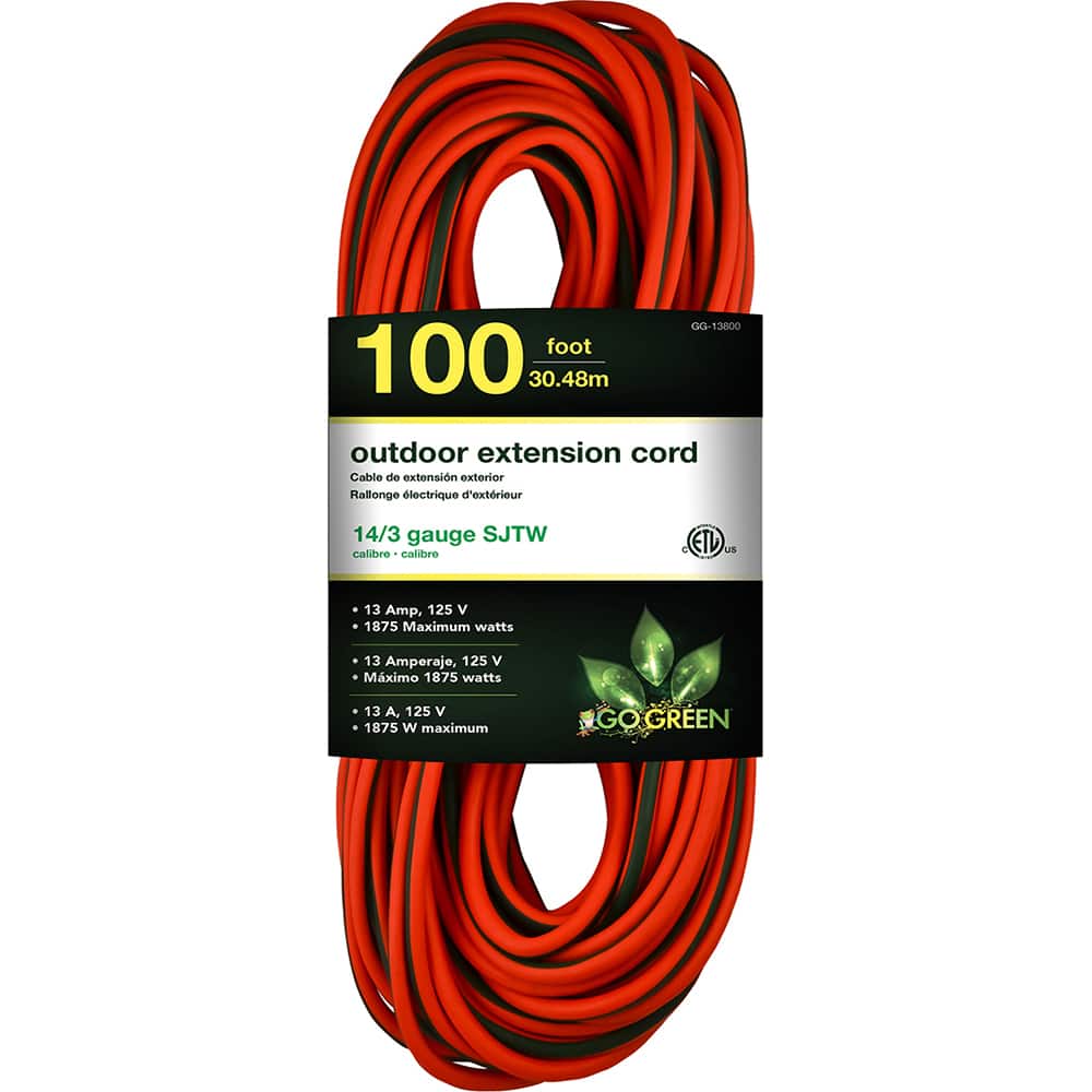 GoGreen Power - Power Cords; Cord Type: Extension Cord ; Overall Length (Feet): 100 ; Cord Color: Orange ; Amperage: 13 ; Voltage: 125 ; Wire Gauge/Number of Conductors: 14/3 - Exact Tooling