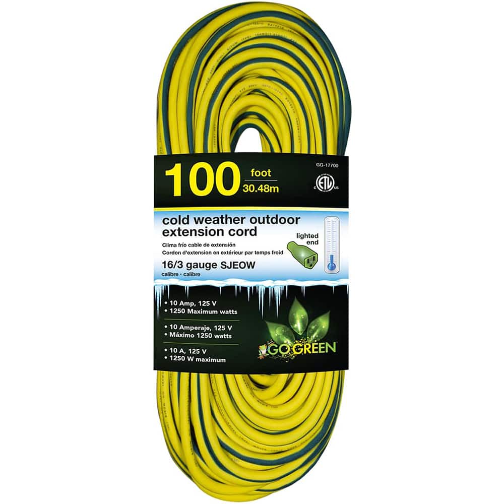 GoGreen Power - Power Cords; Cord Type: Extension Cord ; Overall Length (Feet): 100 ; Cord Color: Yellow ; Amperage: 13 ; Voltage: 125 ; Wire Gauge/Number of Conductors: 16/3 - Exact Tooling