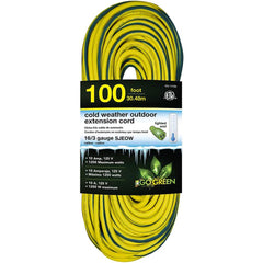 GoGreen Power - Power Cords; Cord Type: Extension Cord ; Overall Length (Feet): 100 ; Cord Color: Yellow ; Amperage: 13 ; Voltage: 125 ; Wire Gauge/Number of Conductors: 16/3 - Exact Tooling