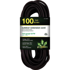 GoGreen Power - Power Cords; Cord Type: Extension Cord ; Overall Length (Feet): 100 ; Cord Color: Black ; Amperage: 13 ; Voltage: 125 ; Wire Gauge/Number of Conductors: 14/3 - Exact Tooling