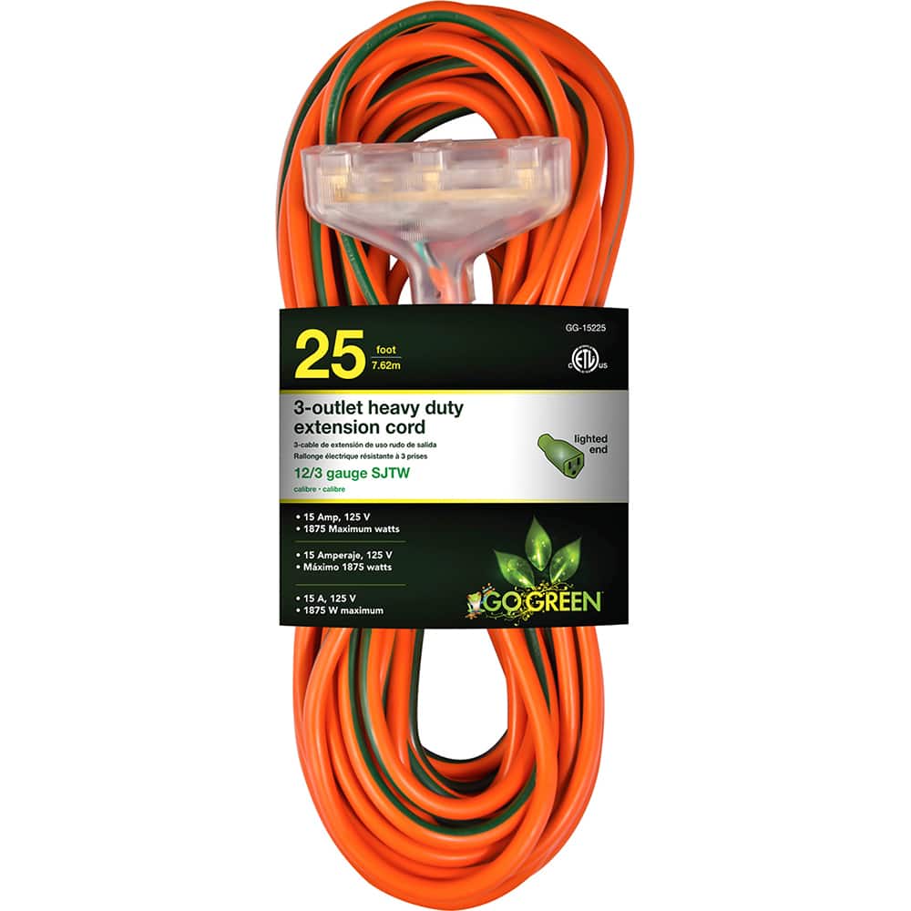 GoGreen Power - Power Cords; Cord Type: Extension Cord ; Overall Length (Feet): 25 ; Cord Color: Orange ; Amperage: 15 ; Voltage: 125 ; Wire Gauge/Number of Conductors: 12/3 - Exact Tooling