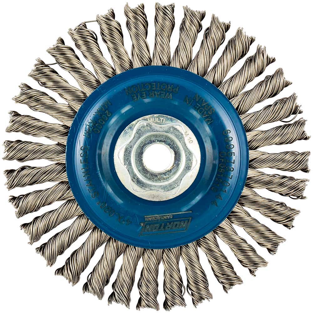 Norton - 4" OD, M10 Arbor Hole, Stringer Bead Twist Knot Stainless Steel Wheel Brush - Exact Tooling
