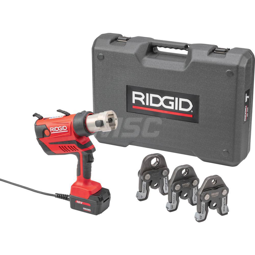 Ridgid - Benders, Crimpers & Pressers; Type: Presser ; Maximum Pipe Capacity (Inch): 4 ; Minimum Pipe Capacity: 1/2 (Inch); Overall Length (Inch): 11 ; Includes: RP 350 Press Tool; 120V AC Adapter; 1/2" to 1" Pro Press Jaws; Carrying Case ; For Use With: - Exact Tooling