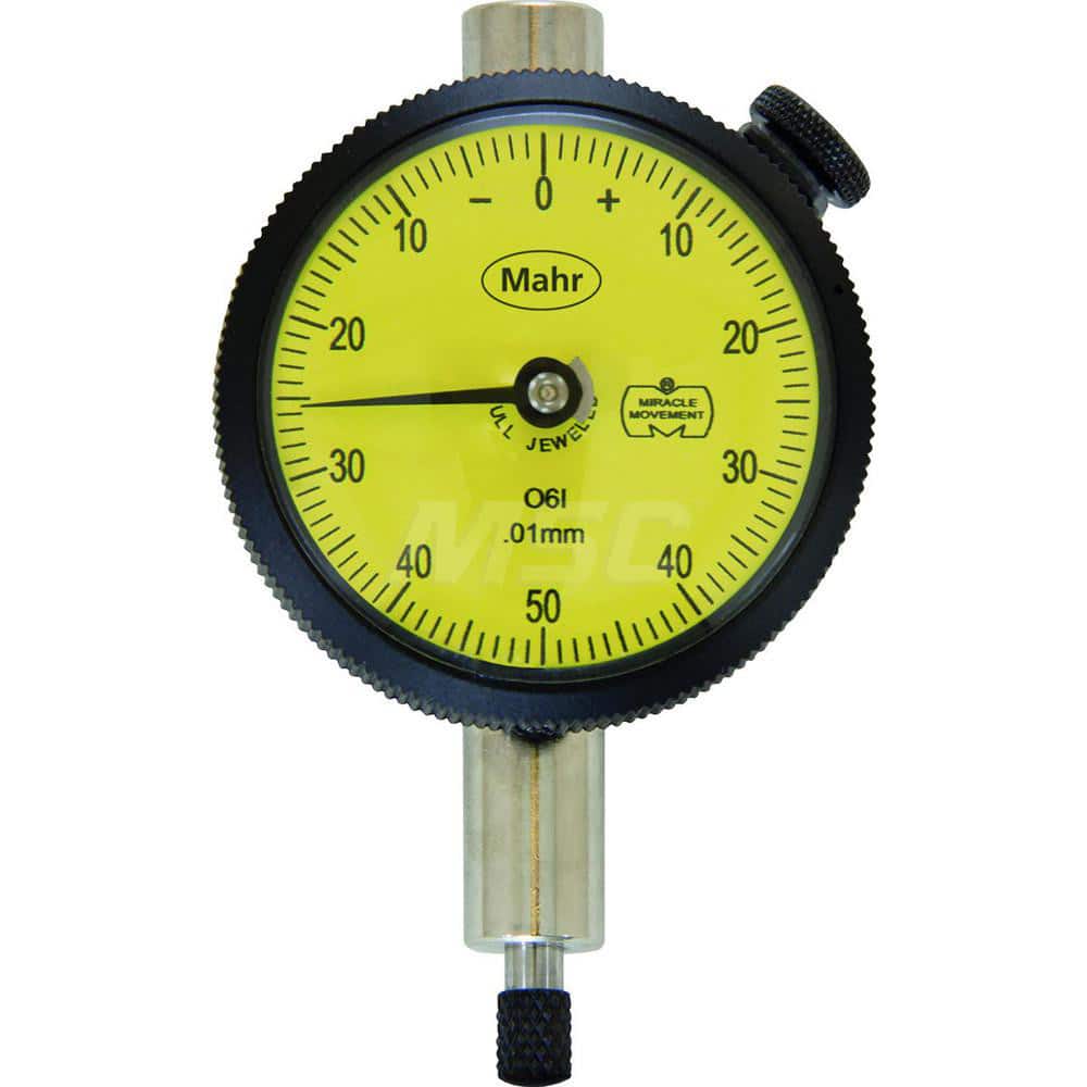 Mahr - Dial Drop Indicators; Maximum Measurement (Inch): 0.1 ; Maximum Measurement (mm): 2.50 ; Dial Graduation (mm): 0.0100 ; Dial Graduation (Decimal Inch): 0.000500 ; Dial Reading: 0-50-0 ; Dial Diameter (mm): 45.00 - Exact Tooling
