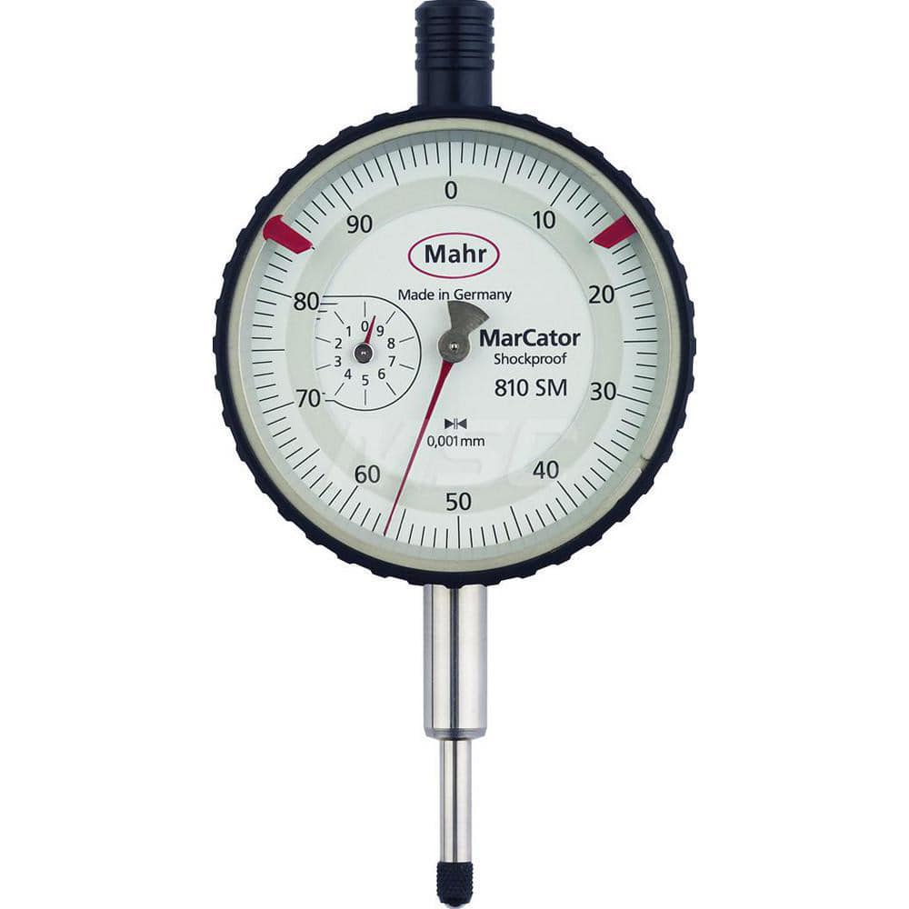 Mahr - Dial Drop Indicators; Maximum Measurement (Inch): 0.2 ; Maximum Measurement (mm): 5.00 ; Dial Graduation (mm): 0.0010 ; Dial Graduation (Decimal Inch): 3.900000 ; Dial Reading: 0-100-0 ; Dial Diameter (mm): 50.00 - Exact Tooling