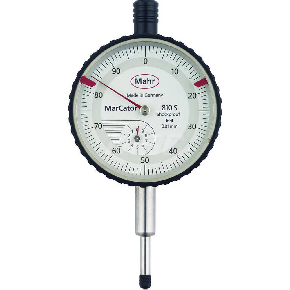 Mahr - Dial Drop Indicators; Maximum Measurement (Inch): 0.4 ; Maximum Measurement (mm): 10 ; Dial Graduation (mm): 0.0100 ; Dial Graduation (Decimal Inch): 0.000400 ; Dial Reading: 0-100 ; Dial Diameter (mm): 50.00 - Exact Tooling