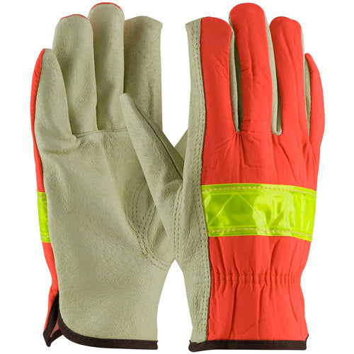 ‎125-368/M Leather Drivers Gloves - Hi-Vis Fabric - Top Grain Pigskin Leather Driver - Keystone Thumb - Exact Tooling