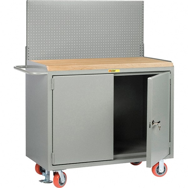 Little Giant - 3,600 Lb Capacity, 2 Shelf, 2 Door Mobile Bench Cabinet with Pegboard Panel - 53" Wide x 24" Deep x 43" High, Steel - Exact Tooling