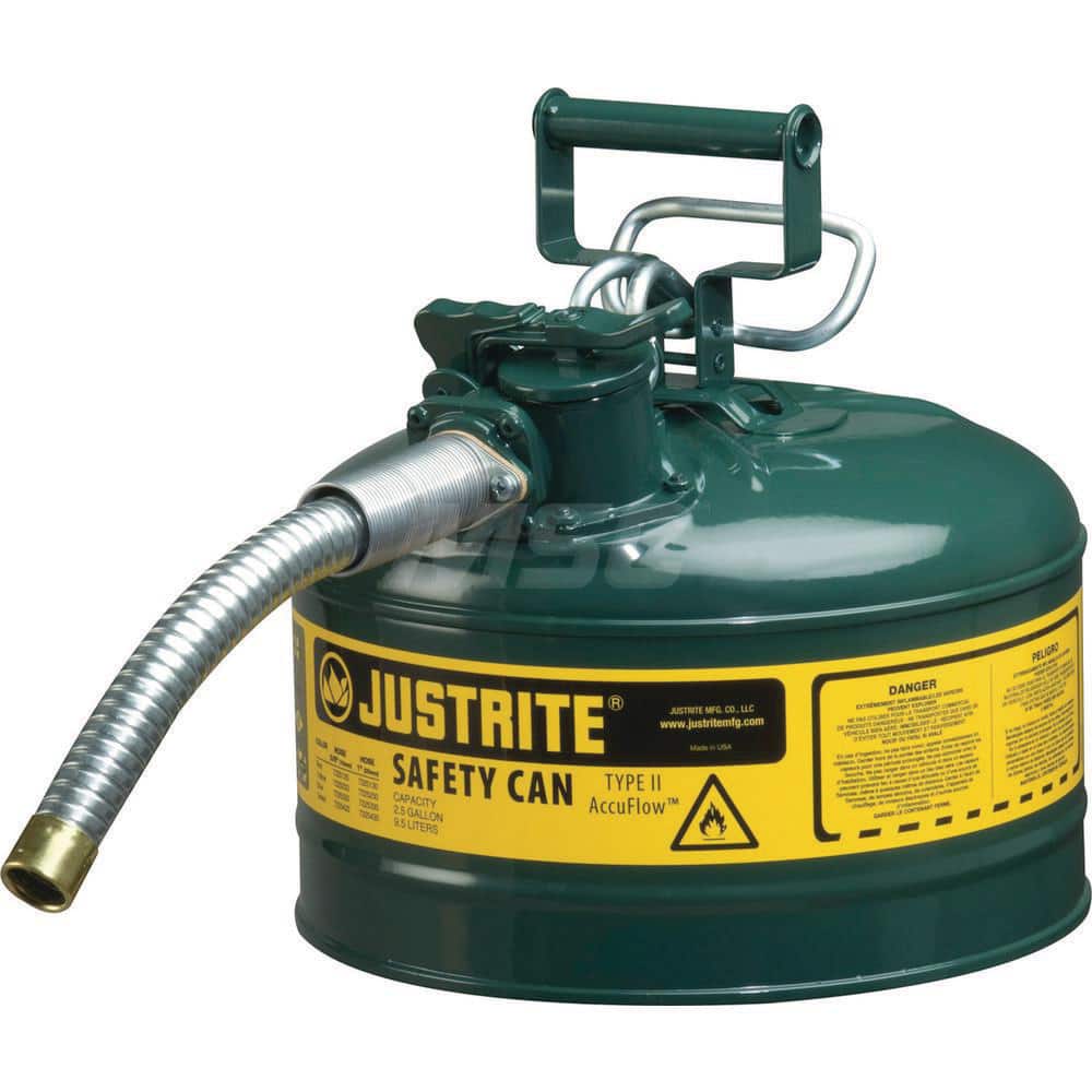 Justrite - Safety Dispensing Cans; Capacity: 2.5 Gal ; Material: Steel ; Color: Green ; Height (Decimal Inch): 12.000000 ; Diameter/Length (mm): 11.75 ; Approval Listing/Regulations: FM Approved; UL; ULC; TUV - Exact Tooling