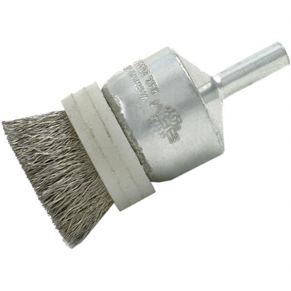 Brush Research Mfg. - 1/2" Brush Diam, Crimped, End Brush - 1/4" Diam Steel Shank, 20,000 Max RPM - Exact Tooling
