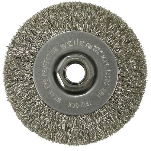 4″ Narrow Face Crimped Wire Wheel, .014″ Stainless Steel Fill, 5/8″-11 UNC Nut - Exact Tooling