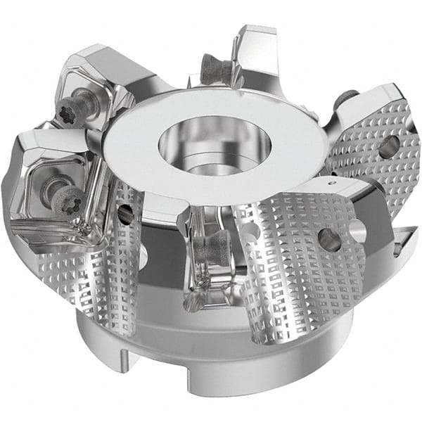 Seco - 63mm Cut Diam, 22mm Arbor Hole, 8mm Max Depth of Cut, 71° Indexable Chamfer & Angle Face Mill - 6 Inserts, SN.. Insert, Right Hand Cut, 6 Flutes, Through Coolant, Series R220.56 - Exact Tooling