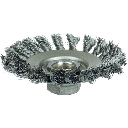 4″ Knot Wire Bevel Brush, .020″ Steel Fill, 5/8″-11 UNC Nut - Exact Tooling
