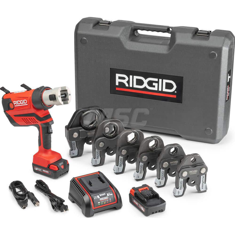 Ridgid - Benders, Crimpers & Pressers; Type: Presser ; Maximum Pipe Capacity (Inch): 4 ; Minimum Pipe Capacity: 1/2 (Inch); Overall Length (Inch): 11 ; Includes: RP 350 Press Tool; (2) 18V 2.5Ah Lion Batteries; 18V Charger; Carrying Case; 1/2" to 2" ProP - Exact Tooling