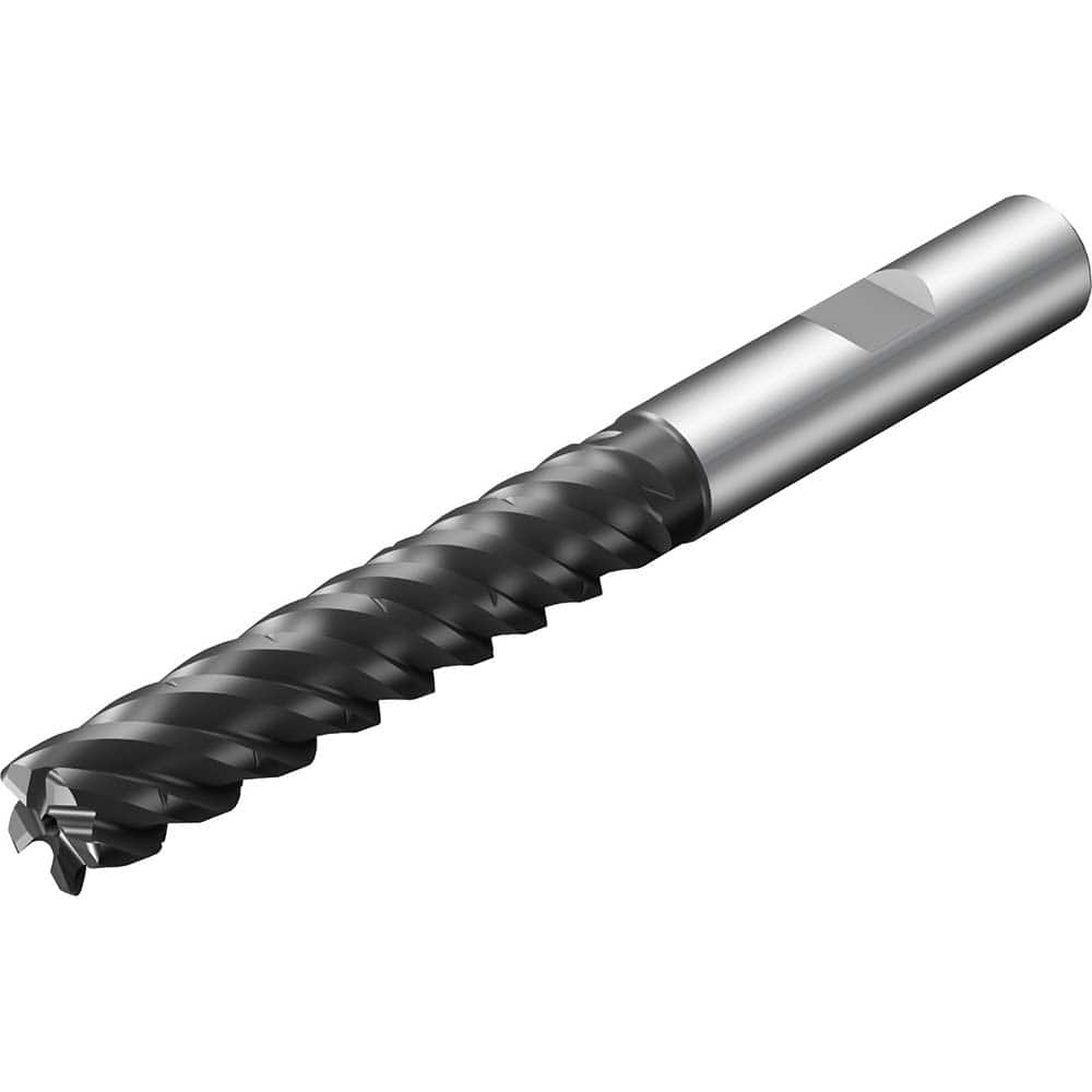 Corner Radius End Mill: 1/4″ Dia, 1-1/4″ LOC, 0.03″ Radius, 5 Flutes, Solid Carbide 2.938″ OAL, 1/4″ Shank Dia, 45 ° Helix, TiAlSiN Coated, Corner Radius End, Series CoroMill Plura