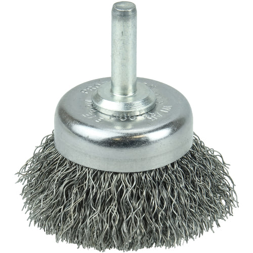 1 3/4″ Crimped Wire Utility Cup Brush, .0118″ Steel Fill, 1/4″ Stem - Exact Tooling