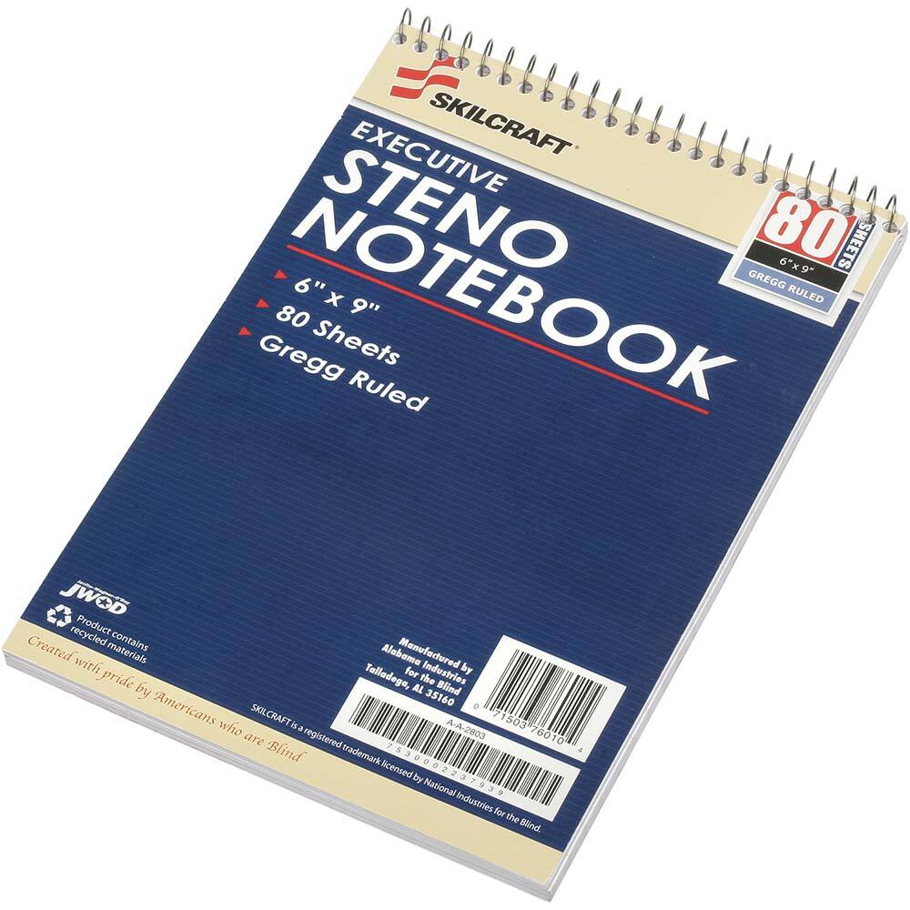 Ability One - Note Pads, Writing Pads & Notebooks; Writing Pads & Notebook Type: Wire Bound Notebook ; Number of Sheets: 80 ; Color: WHITE ; Ruled Width: 6 (Inch); Style of Rule: Gregg - Exact Tooling
