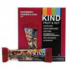 KIND - Snacks, Cookies, Candy & Gum Breakroom Accessory Type: Granola Bars Breakroom Accessory Description: Fruit and Nut Bars, Raspberry Cashew & Chia, 1.4 oz Bar, 12/Box - Exact Tooling