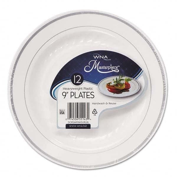 WNA - Masterpiece Plastic Plates, 9 in, White w/Silver Accents, Round, 120/Carton - Exact Tooling