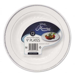 WNA - Masterpiece Plastic Plates, 9 in, White w/Silver Accents, Round, 120/Carton - Exact Tooling