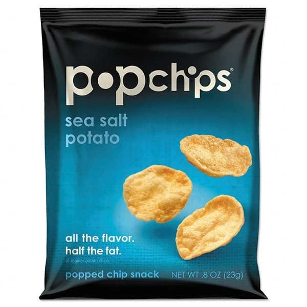 PopChips - Snacks, Cookies, Candy & Gum Breakroom Accessory Type: Potato Chips Breakroom Accessory Description: Potato Chips, Sea Salt Flavor, .8 oz Bag, 24/Carton - Exact Tooling