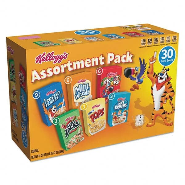 Kellogg's - Snacks, Cookies, Candy & Gum Breakroom Accessory Type: Cereal Breakroom Accessory Description: Breakfast Cereal Mini Boxes, Assorted, 2.39 oz Box, 30/Carton - Exact Tooling