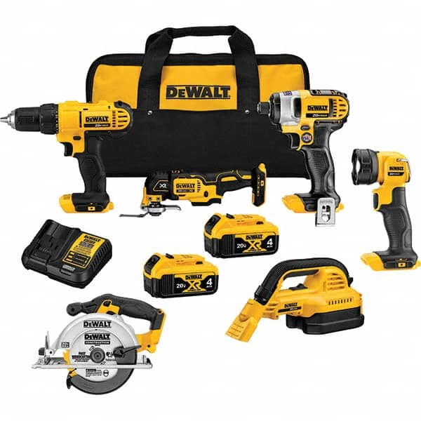 DeWALT - Cordless Tool Combination Kits Voltage: 20 Tools: 1/2" Drill/Driver; 1/4" Impact Driver; Wet-Dry Vacuum; Work Light; 6-1/2" Circular Saw; Oscillating Multi-Tool - Exact Tooling