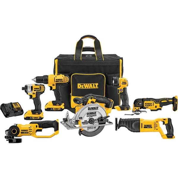 DeWALT - Cordless Tool Combination Kits Voltage: 20 Tools: 1/2" Drill/Driver; 1/4" Impact Driver; 6-1/2" Circular Saw; Work Light; Reciprocating Saw; Grinder; Blue Tooth Speaker - Exact Tooling