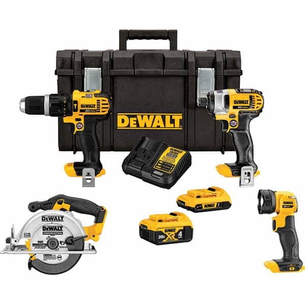 DeWALT - Cordless Tool Combination Kits Voltage: 20 Tools: Hammer Drill; 1/4" Impact Driver; 6-1/2" Circular Saw; Work Light - Exact Tooling