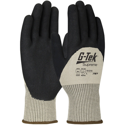 ‎15-215/M Coated Gloves w/Polykor - G-Tek Suprene - Tan 13G Nano Shell - 3/4 Nitrile MicroSurface Grip - A4 - Exact Tooling