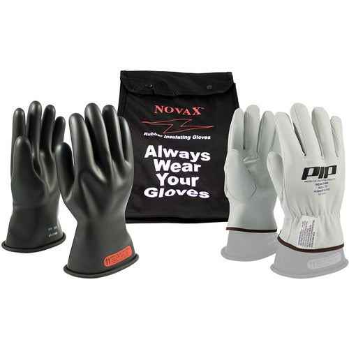 ‎150-SK-0-14/8-KIT - Novax Insulating Glove Kit - Class 0 - 14″ - Black - Straight Cuff - Exact Tooling